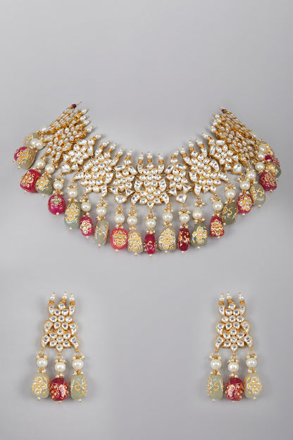 Gold Plated Kundan Green & Pink Stones Necklace Set