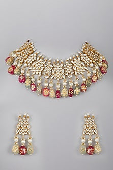 Gold Plated Kundan Green & Pink Stones Necklace Set