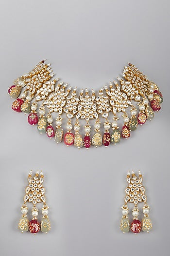 Gold Plated Kundan Green & Pink Stones Necklace Set