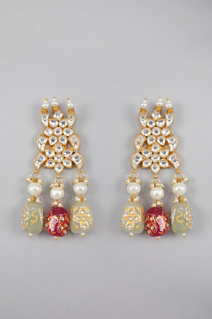 Gold Plated Kundan Green & Pink Stones Necklace Set