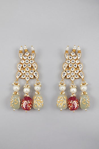 Gold Plated Kundan Green & Pink Stones Necklace Set