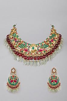 Gold Plated Green & Red Stone Kundan Necklace Set