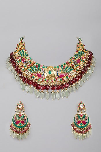 Gold Plated Green & Red Stone Kundan Necklace Set