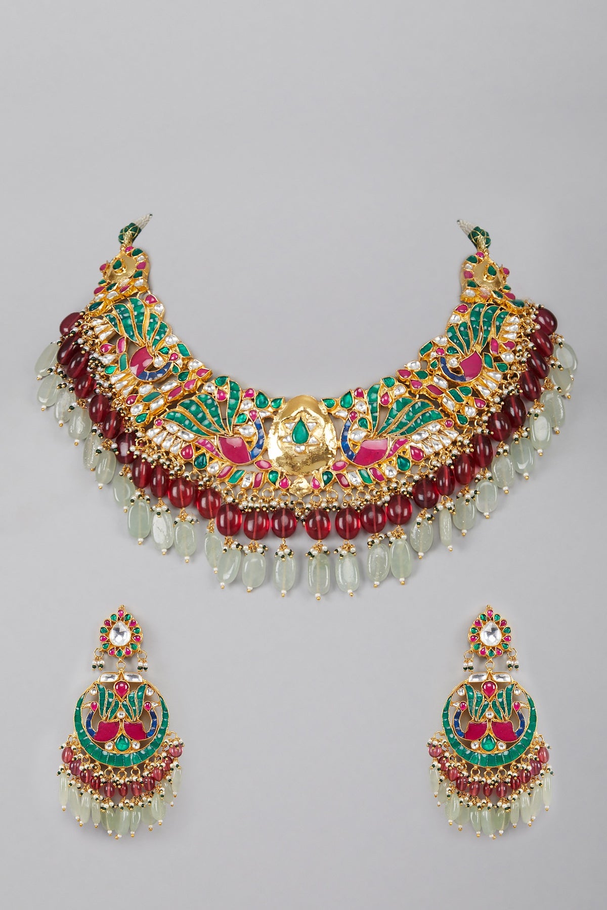 Gold Plated Green & Red Stone Kundan Necklace Set