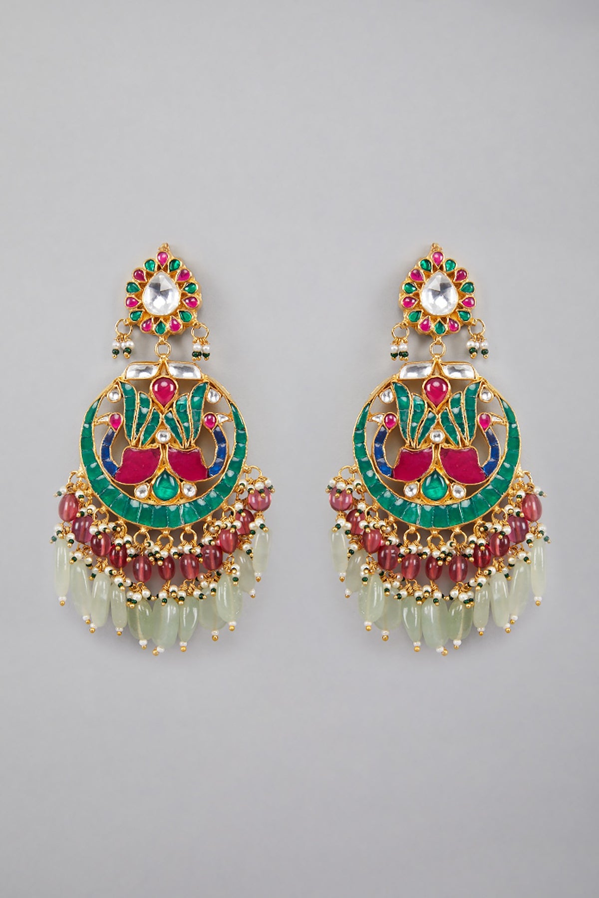 Gold Plated Green & Red Stone Kundan Necklace Set