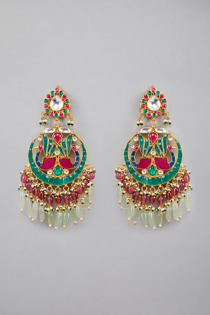 Gold Plated Green & Red Stone Kundan Necklace Set