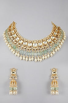 Gold Plated Kundan Sea Green Stones Necklace Set