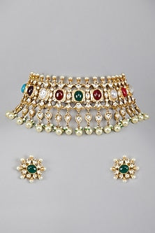 Gold Plated Kundan Polki & Navratna Stone Necklace Set