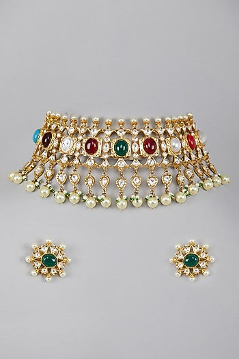 Gold Plated Kundan Polki & Navratna Stone Necklace Set
