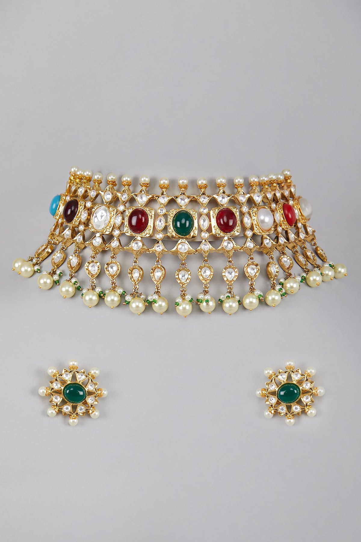 Gold Plated Kundan Polki & Navratna Stone Necklace Set