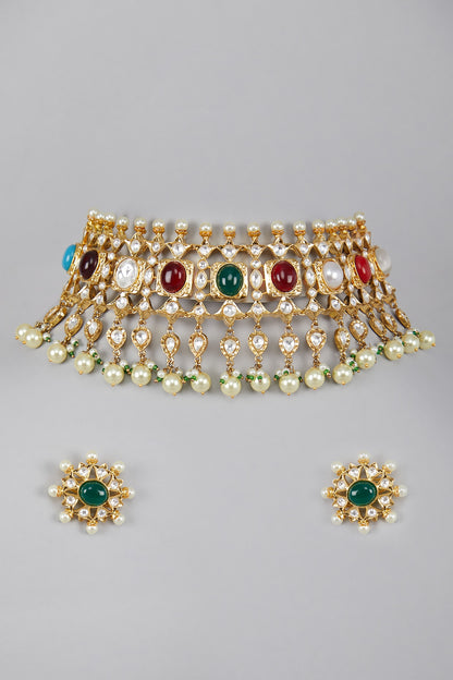 Gold Plated Kundan Polki & Navratna Stone Necklace Set