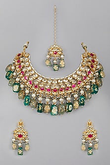 Gold Plated Green & Red Stones Necklace Set