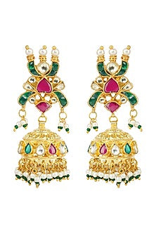 Gold Plated Red Kundan Polki & Pearl Jhumka Earrings
