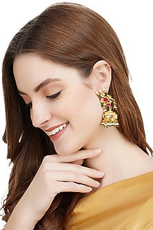 Gold Plated Red Kundan Polki & Pearl Jhumka Earrings