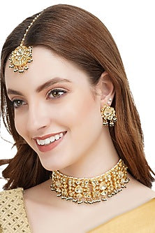 Gold Plated Choker Necklace Set With Kundan Polki