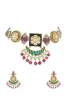 Gold Plated Choker Necklace Set With Pearl & Kundan Polki