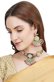 Gold Plated Choker Necklace Set With Pearl & Kundan Polki