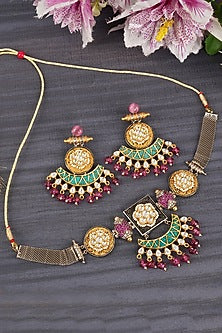 Gold Plated Choker Necklace Set With Pearl & Kundan Polki