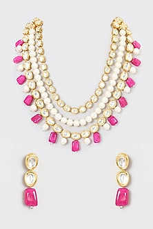 Gold Plated Kundan Polki & Pearl Necklace Set