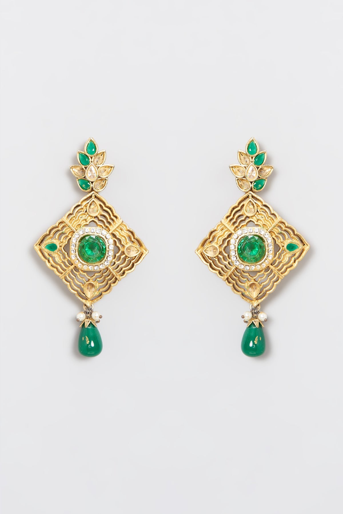 Gold Plated Kundan Polki & Pearl Dangler Earrings