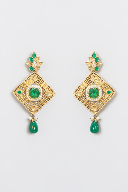 Gold Plated Kundan Polki & Pearl Dangler Earrings