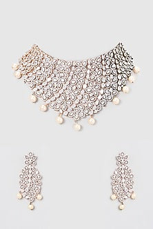 Rose Gold Plated Diamond & Pearl Necklace Set