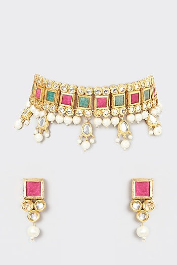Gold Plated Kundan Polki & Pearl Necklace Set