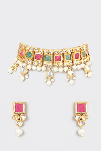 Gold Plated Kundan Polki & Pearl Necklace Set