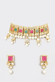 Gold Plated Kundan Polki & Pearl Necklace Set