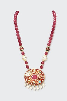 Gold Plated Kundan Polki & Red Beaded Long Necklace