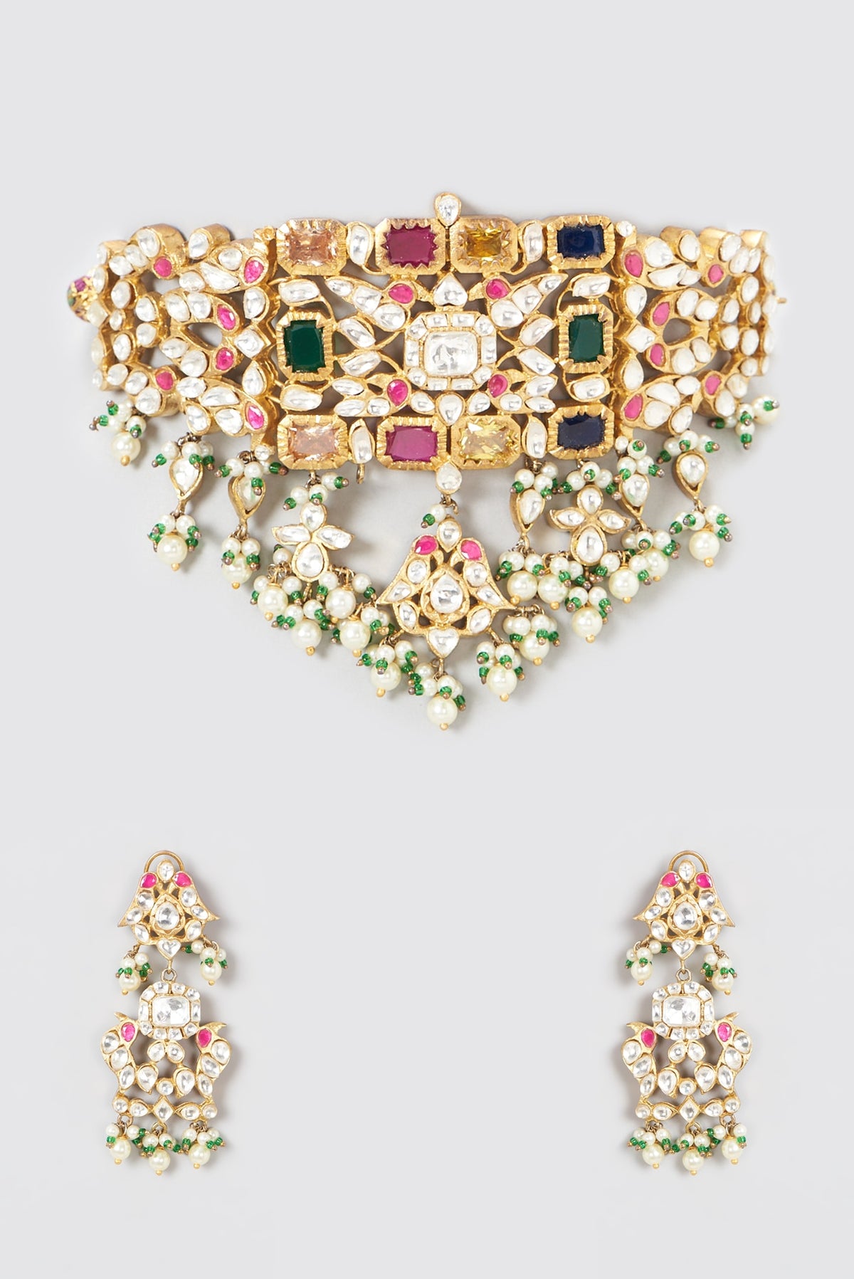 Gold Plated Kundan Polki & Pearl Necklace Set