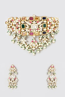 Gold Plated Kundan Polki & Pearl Necklace Set