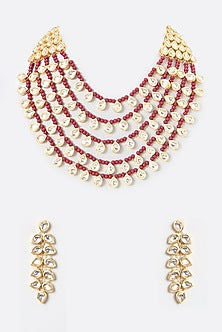 Gold Plated Kundan Polki & Red Beaded Necklace Set