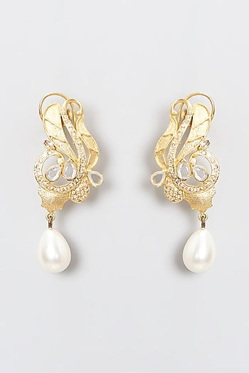 Gold Plated Kundan Polki & Pearl Dangler Earrings