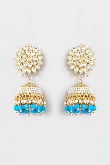 Gold Plated Kundan Polki & Blue Beaded Dangler Earrings