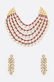 Gold Plated Kundan Polki & Red Beaded Necklace Set