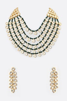 Gold Plated Kundan Polki & Blue Beaded Necklace Set