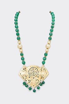 Gold Plated Kundan Polki & Green Beaded Necklace