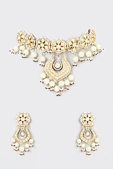 Gold Plated Kundan Polki & Pearl Necklace Set