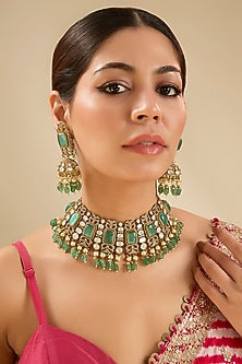 Gold Finish Multi-Colored Stone & Beaded Choker Necklace Set