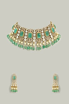 Gold Finish Multi-Colored Stone & Beaded Choker Necklace Set