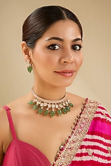 Gold Finish Green Gemstone Choker Necklace Set