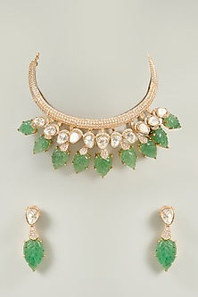 Gold Finish Green Gemstone Choker Necklace Set