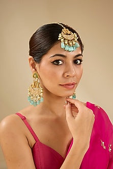Gold Finish Pearl Dangler Earrings With Maangtikka