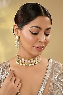 Gold Finish Kundan Polki & Gemstone Choker Necklace Set
