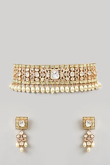 Gold Finish Kundan Polki & Gemstone Choker Necklace Set