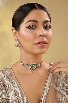 Gold Finish Kundan Polki & Turquoise Green Stone Choker Necklace Set
