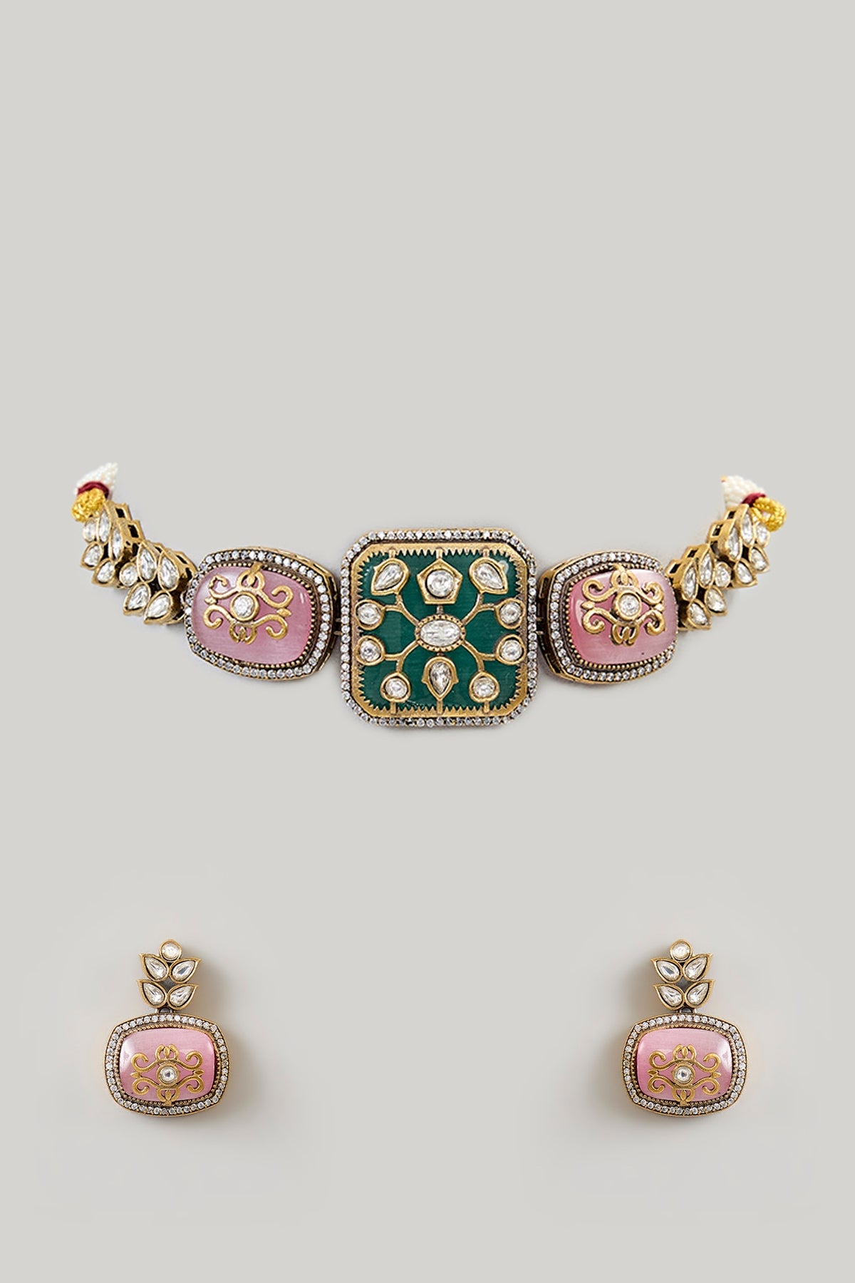 Gold Finish Kundan Polki & Turquoise Green Stone Choker Necklace Set