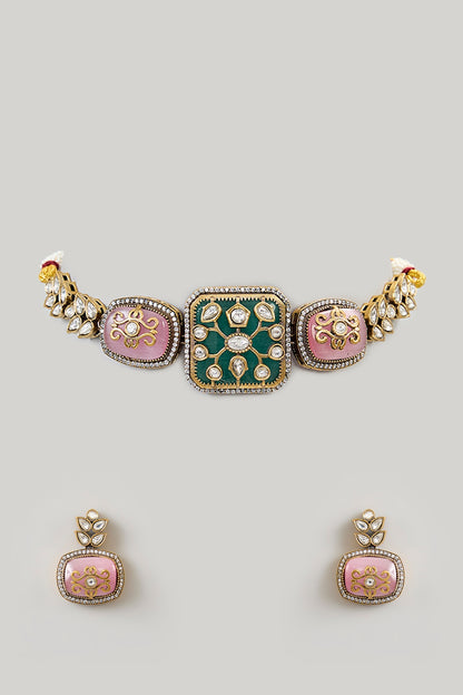 Gold Finish Kundan Polki & Turquoise Green Stone Choker Necklace Set