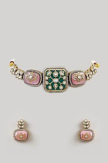 Gold Finish Kundan Polki & Turquoise Green Stone Choker Necklace Set